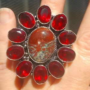 New Oversized Seam Agate and Garnet 925 Silver Statement Ring.